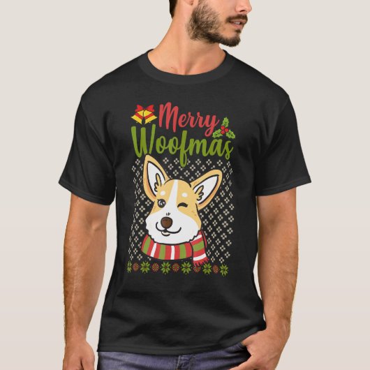 コーギー クリスマスセーター メリー・ウーフマス 犬のパロディ Tシャツ (正面)