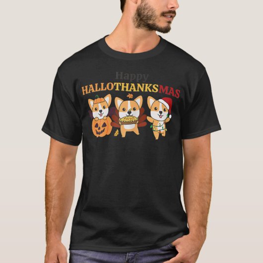 コーギー クリスマス ハロウィン ハッピー Tシャツ (正面)