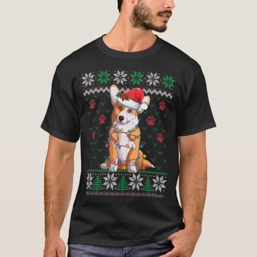 コーギー クリスマス ライト サンタ帽子 犬 ださいセーター Tシャツ (正面)