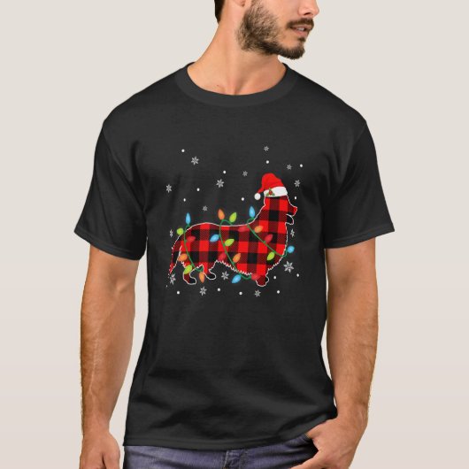 コーギー クリスマス ライト 赤いチェック柄 Tシャツ (正面)
