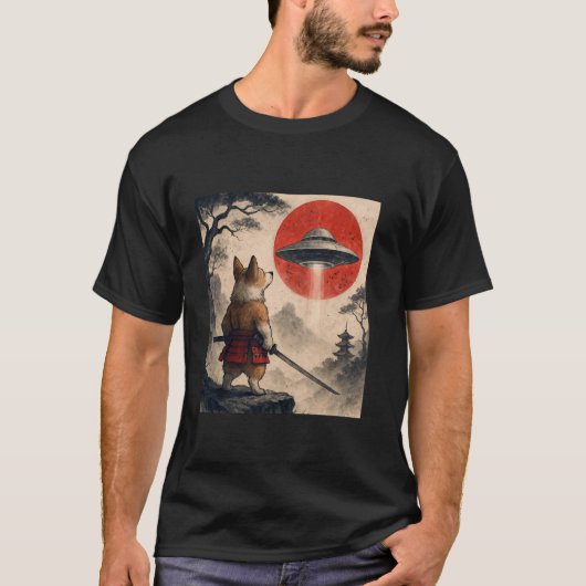 コーギー サムライ UFO レトロ 日本 浮世絵 犬 好き Tシャツ (正面)