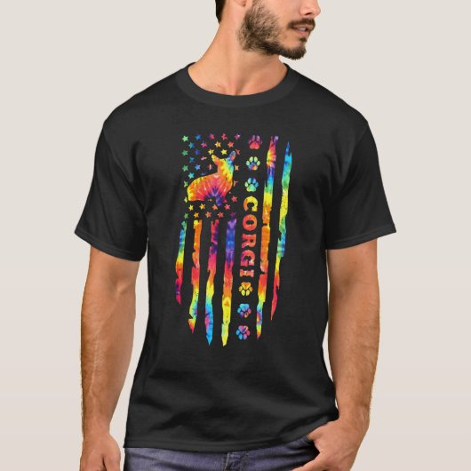 コーギー タイ染め レインボー アメリカ国旗 プリント Tシャツ (正面)