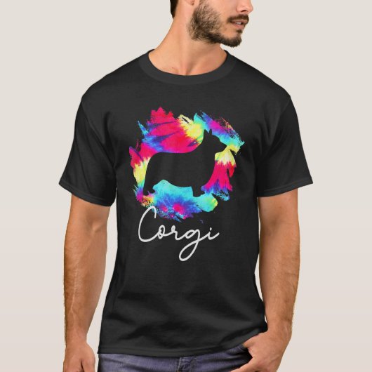 コーギー タイ・ダイ・レインボー 犬 Tシャツ (正面)