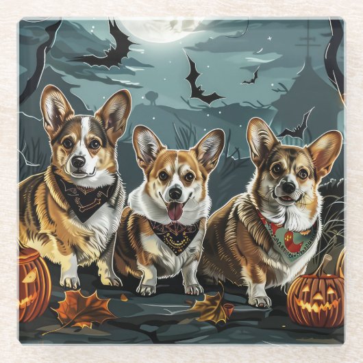 コーギー ハロウィン おばけ ガラスコースター (正面)