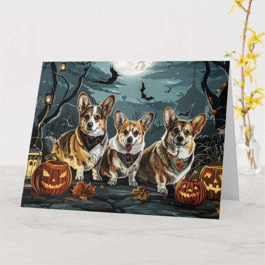 コーギー ハロウィン スプーキー カード (黄色い花)