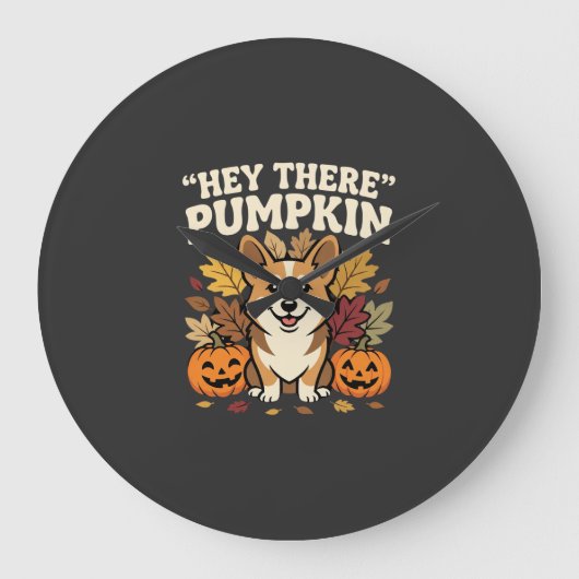 コーギー ハロウィン ハイ・ゼア・パンプキン デザイン ラージ壁時計 (正面)