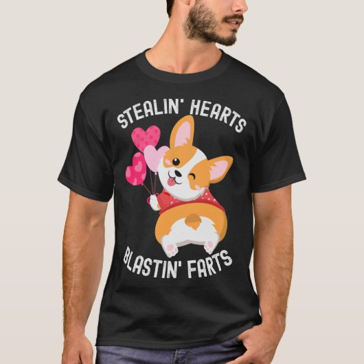 コーギー ハートを壊して おならを飛ばす バレンタインデー Tシャツ (正面)