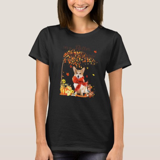 コーギー メープルの木 感謝祭 かわいい犬 紅葉 Tシャツ (正面)