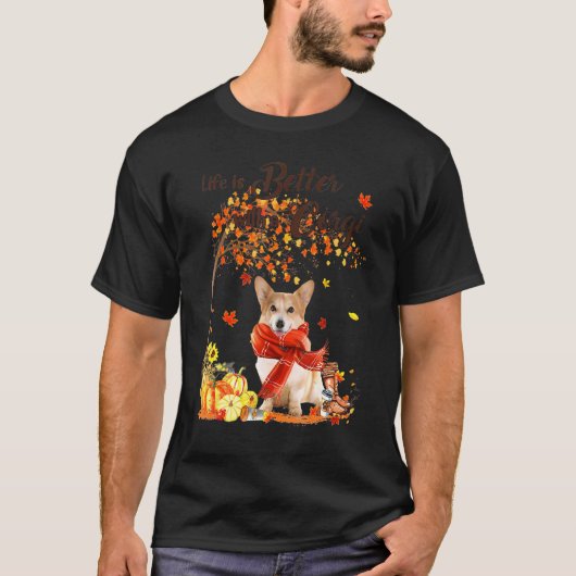 コーギー メープルツリー 感謝祭 かわいい犬 紅葉 Tシャツ (正面)
