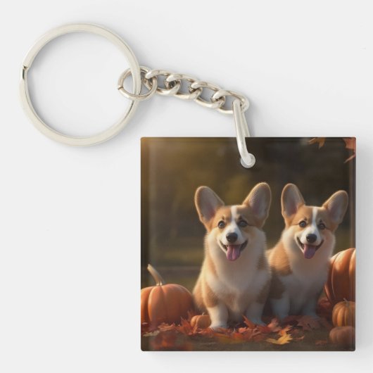 コーギー 子犬の秋の喜び パンプキン キーホルダー (正面)