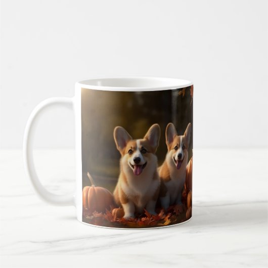 コーギー 子犬の秋の喜び パンプキン コーヒーマグカップ (左)