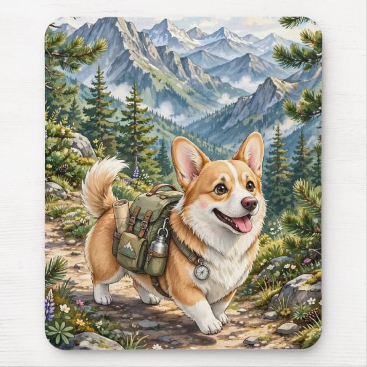 コーギー 山登り 水彩画 マウスパッド (正面)