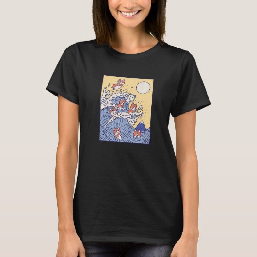 コーギー 波 犬 ペット 海 オーシャン Tシャツ (正面)