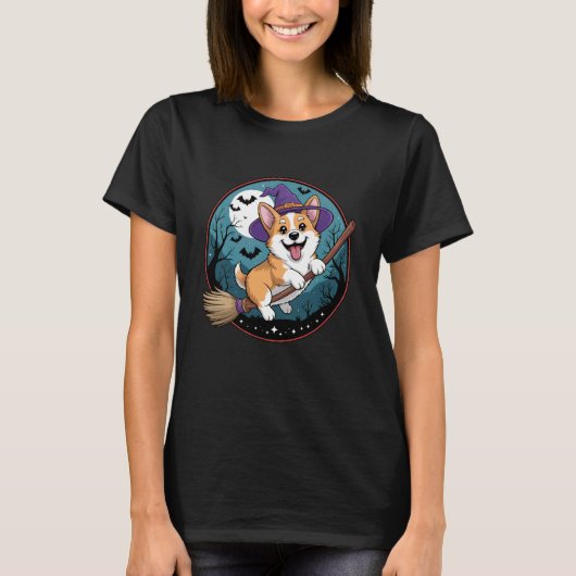 コーギー 魔女のほうき ハロウィン 満月 犬好き Tシャツ (正面)