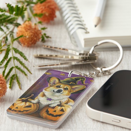 コーギ不気味ドグハロウィーンウィッチカボチャ キーホルダー (正面右)