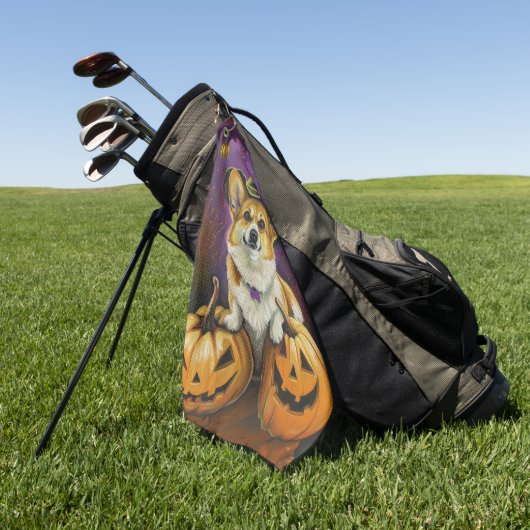 コーギ不気味ドグハロウィーンウィッチカボチャ ゴルフタオル (グリーン)