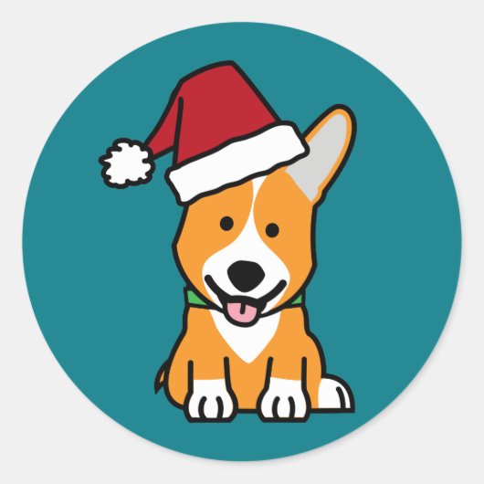 コーギ犬の子犬ペンブロークウェルシュクリスマスサンタハット ラウンドシール (正面)