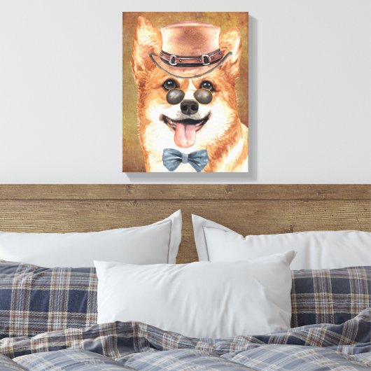 コーギ犬の顔は帽子の眼鏡の水色を着用 キャンバスプリント (インサイチュ (寝室))