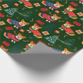 コーギ祝ス・クリスマス・グリーン・パターン ラッピングペーパー (角)