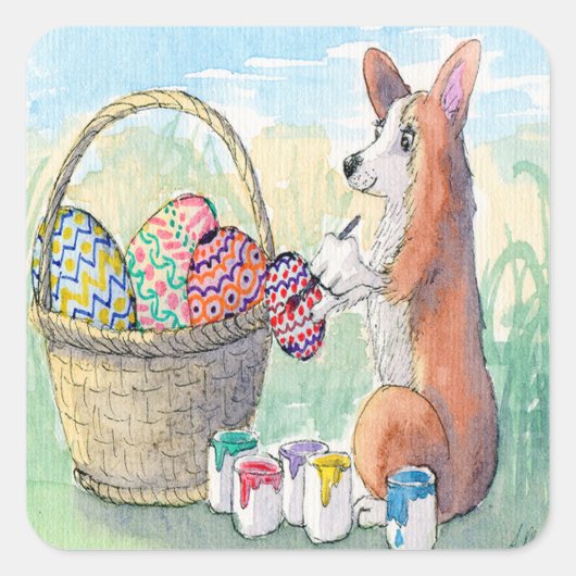 コーギ絵画犬のイースターエッグ、イースタースティッカー スクエアシール (正面)
