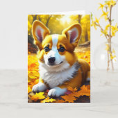 コーギ遊子犬の紅葉 カード (黄色い花)