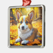 コーギ遊子犬の紅葉 メタルオーナメント (左)