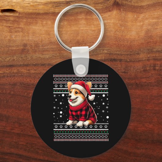 コーギ醜いおもしろいサンタハットバッファロープレイドクリスマス キーホルダー (正面)