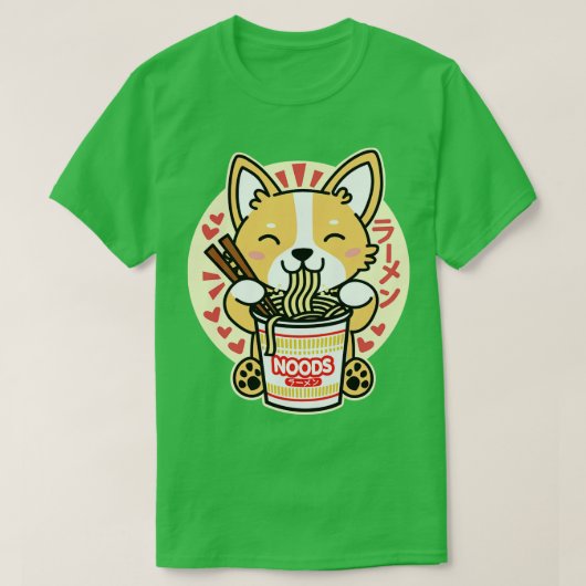 コーギ食べのインスタントラーメンかわいいかわいい犬 Tシャツ (デザイン正面)