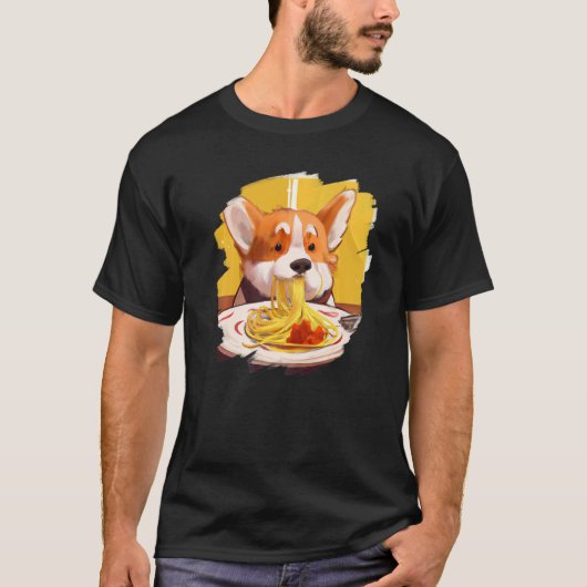 コーギ食べーおもしろい犬スパゲッティパスタイタリアンー Tシャツ (正面)