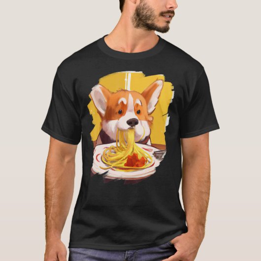 コーギ食べ物ーのスパゲッティパスタドッグイタリアンフード Tシャツ (正面)