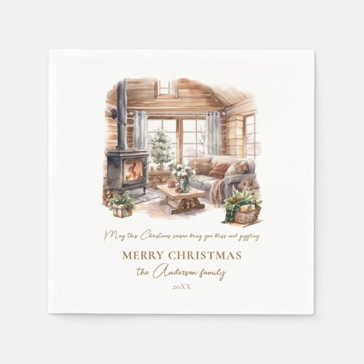 コージィパーソナライズされたクリスマスホームホリデー スタンダードカクテルナプキン (正面)