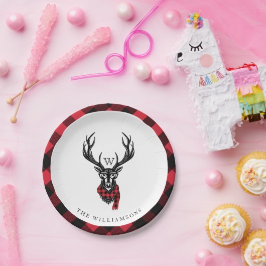 コージーと暖かい | Red Buffalo Plaidトナカイ・モノグラム ペーパープレート (パーティー)