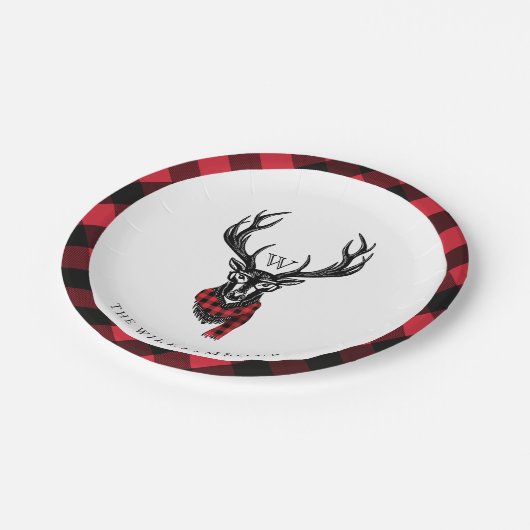 コージーと暖かい | Red Buffalo Plaidトナカイ・モノグラム ペーパープレート (アングル)