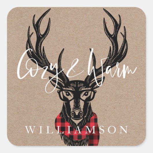 コージーと暖かい | Red Buffalo Plaid Reindeer Family スクエアシール (正面)