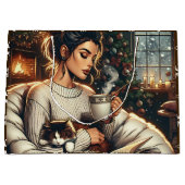コージーなシーン | 女性がクリスマスココアを飲む ラージペーパーバッグ (正面)