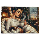 コージーなシーン | 女性がクリスマスココアを飲む ラージペーパーバッグ (裏面)