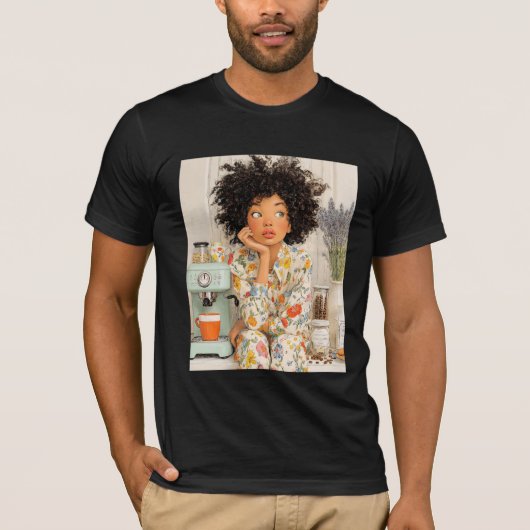 コージーな朝のコーヒーガール - 暖かなAIイラスト Tシャツ (正面)