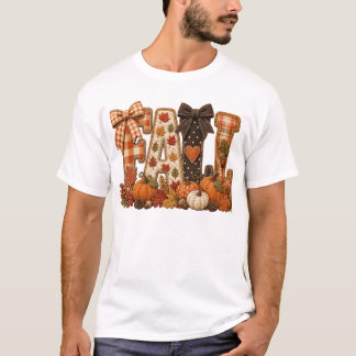 コージーな秋のパッチワークレターTシャツ 田舎風の秋 Tシャツ