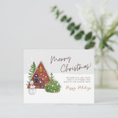 コージーウィンターキャビン&雪だるま | 水彩クリスマス シーズンポストカード (スタンド正面)