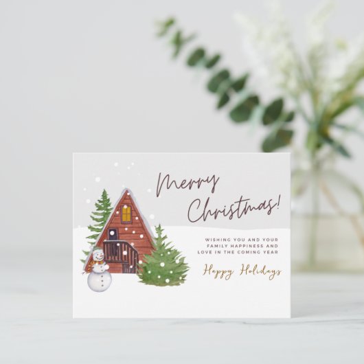 コージーウィンターキャビン&雪だるま | 水彩クリスマス シーズンポストカード (スタンド正面)