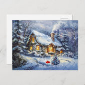 コージーウィンターコテージとクリスマスツリー ポストカード (正面/裏面)