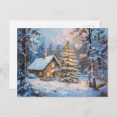 コージーウィンターコテージとクリスマスツリー ポストカード (正面/裏面)