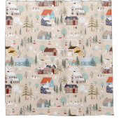 コージーウィンタービレッジシーンパターン シャワーカーテン (正面)