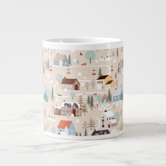 コージーウィンタービレッジシーンパターン ジャンボコーヒーマグカップ (正面)
