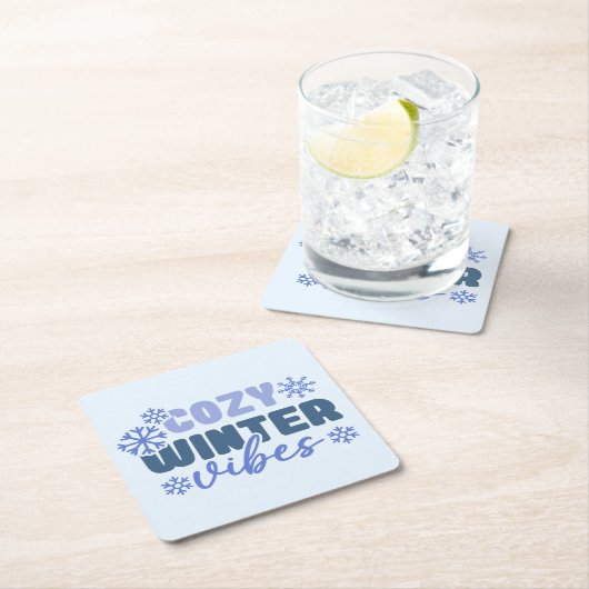 コージーウィンタービーブススノーフレークタイポグラフィ スクエアペーパーコースター (インサイチュ)