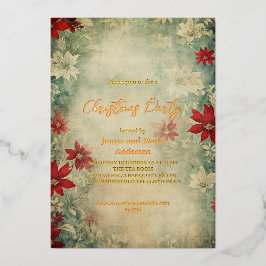 コージーウィンターポインセチアフローラクリスマスパーティー 箔招待状