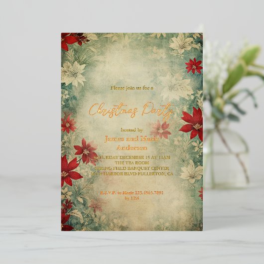 コージーウィンターポインセチアフローラクリスマスパーティー 箔招待状 (立ち正面)