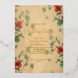 コージーウィンターレッドグリーンフローラクリスマスパーティー 箔招待状