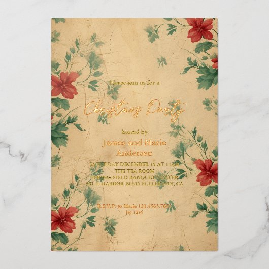 コージーウィンターレッドグリーンフローラクリスマスパーティー 箔招待状 (正面)
