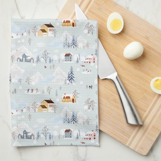 コージーウィンターワンダーランドアイススケートで滑るビレッジパターン キッチンタオル (四つ折り)